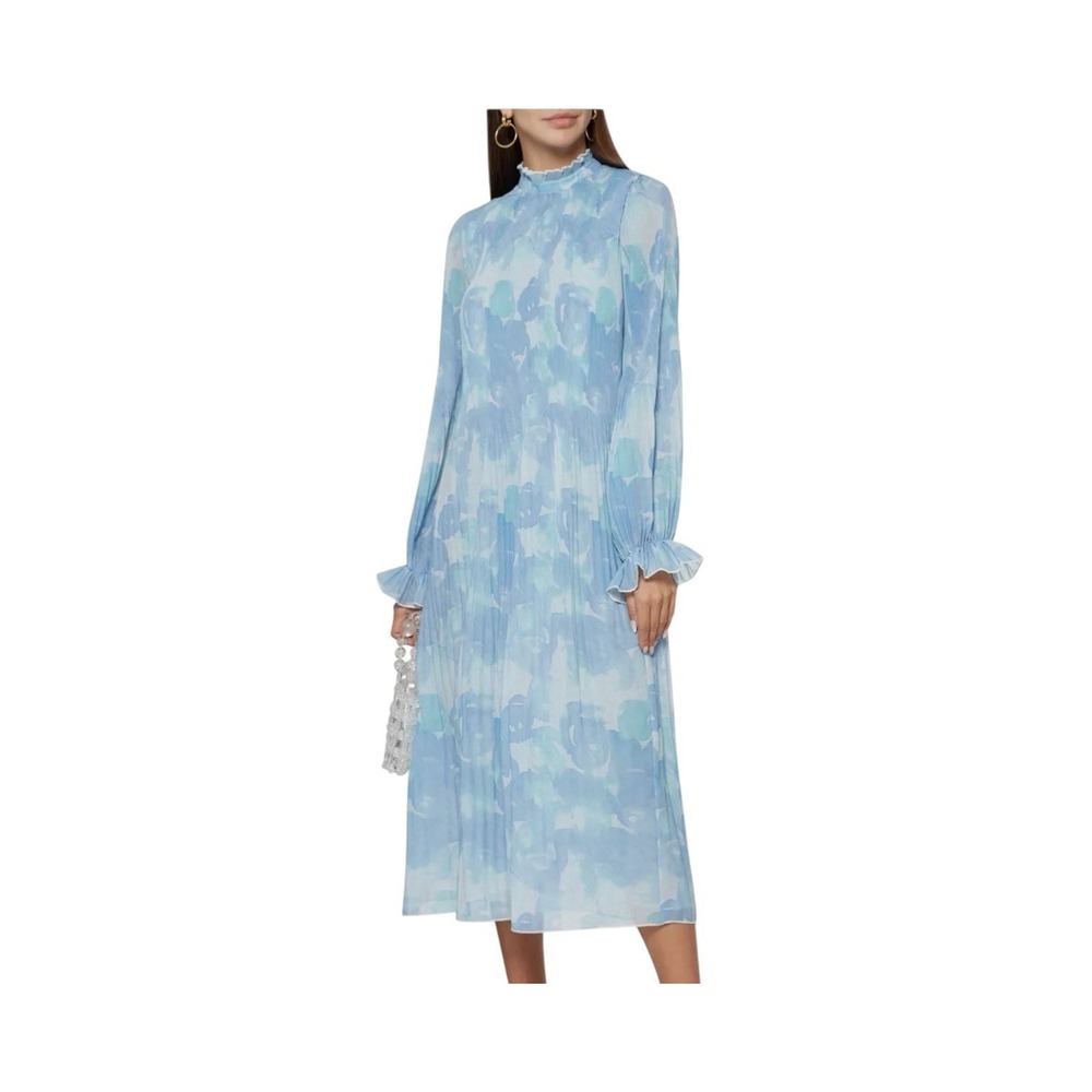 GANNI Floral Pleated Georgette High Neck Maxi Dress Women's Small 34 Formal